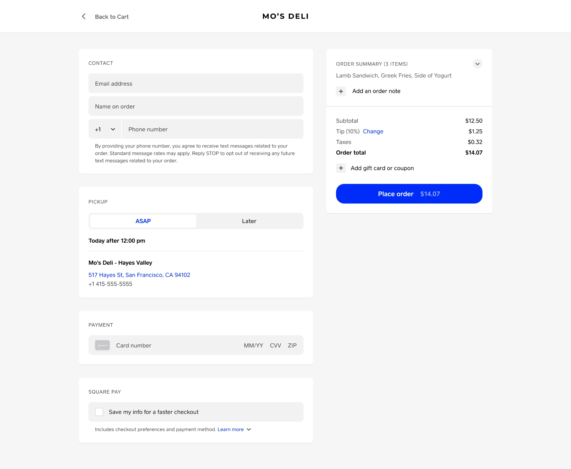 Final desktop checkout with contact, pickup, payment, and Square Pay sections alongside the order summary