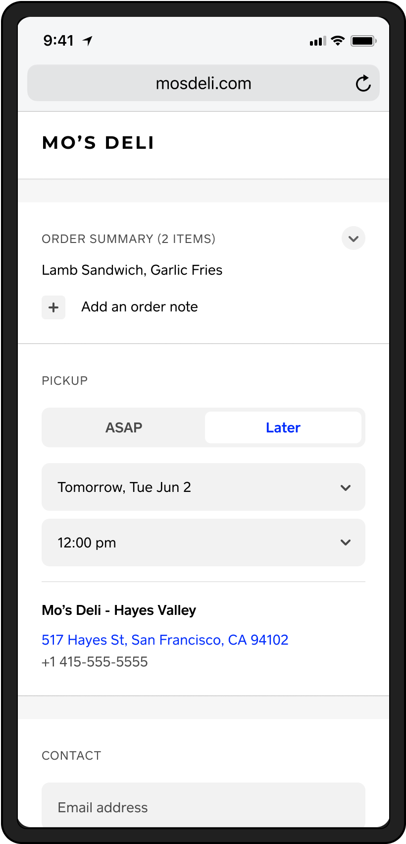 Final mobile checkout showing the order summary and a scheduled pickup time picker