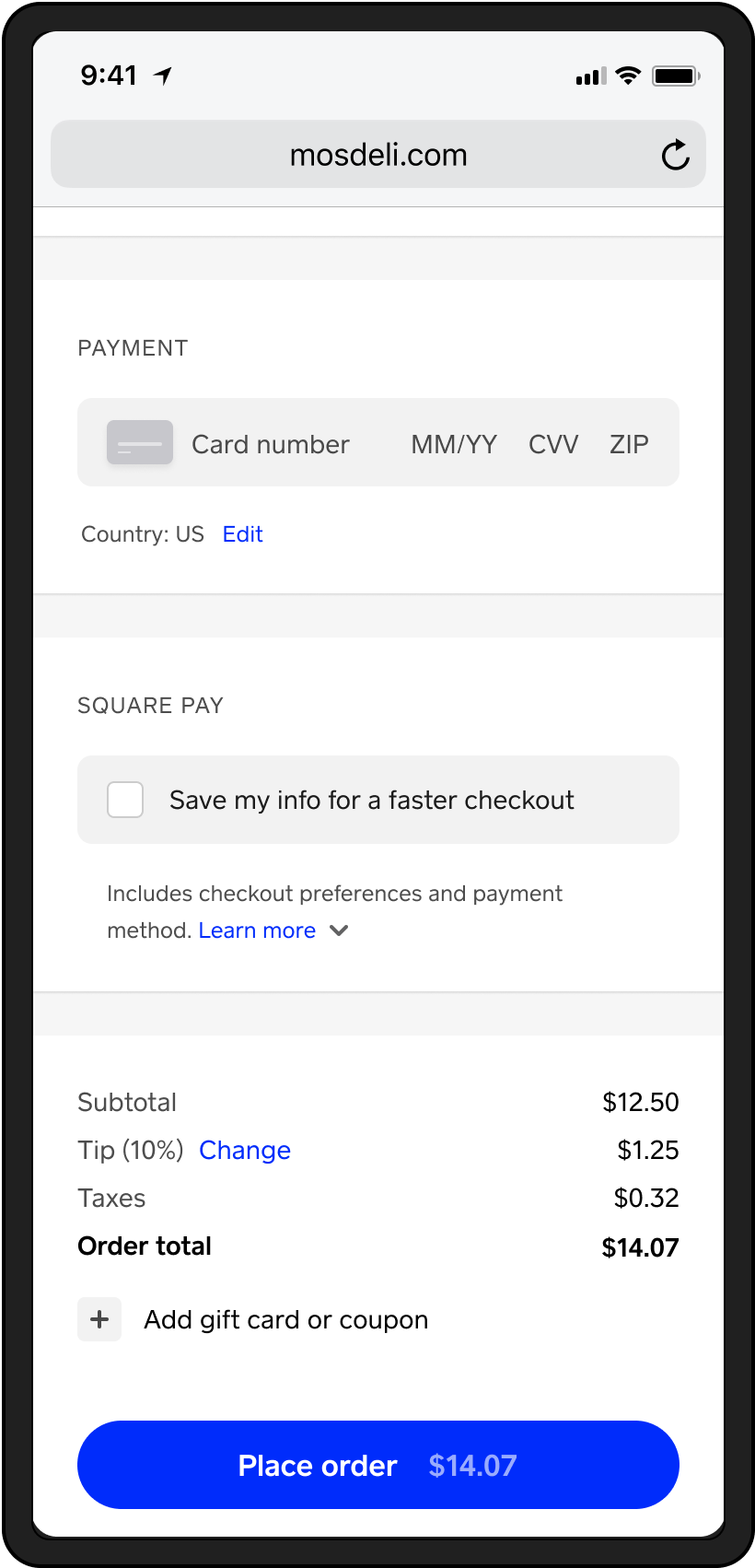 Final mobile checkout showing payment, Square Pay, and order total with a place order button