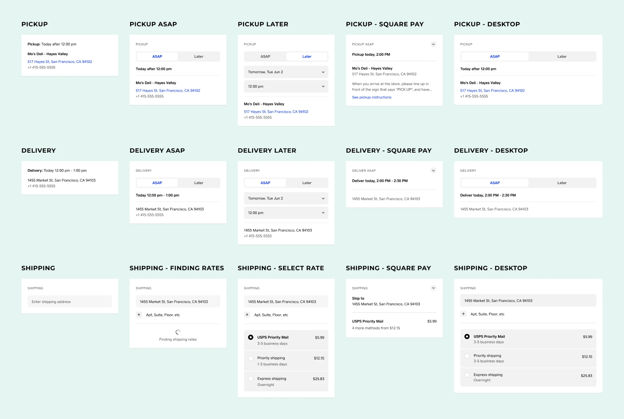 Pickup, delivery, and shipping fulfillment states across ASAP, scheduled, Square Pay, and desktop variants