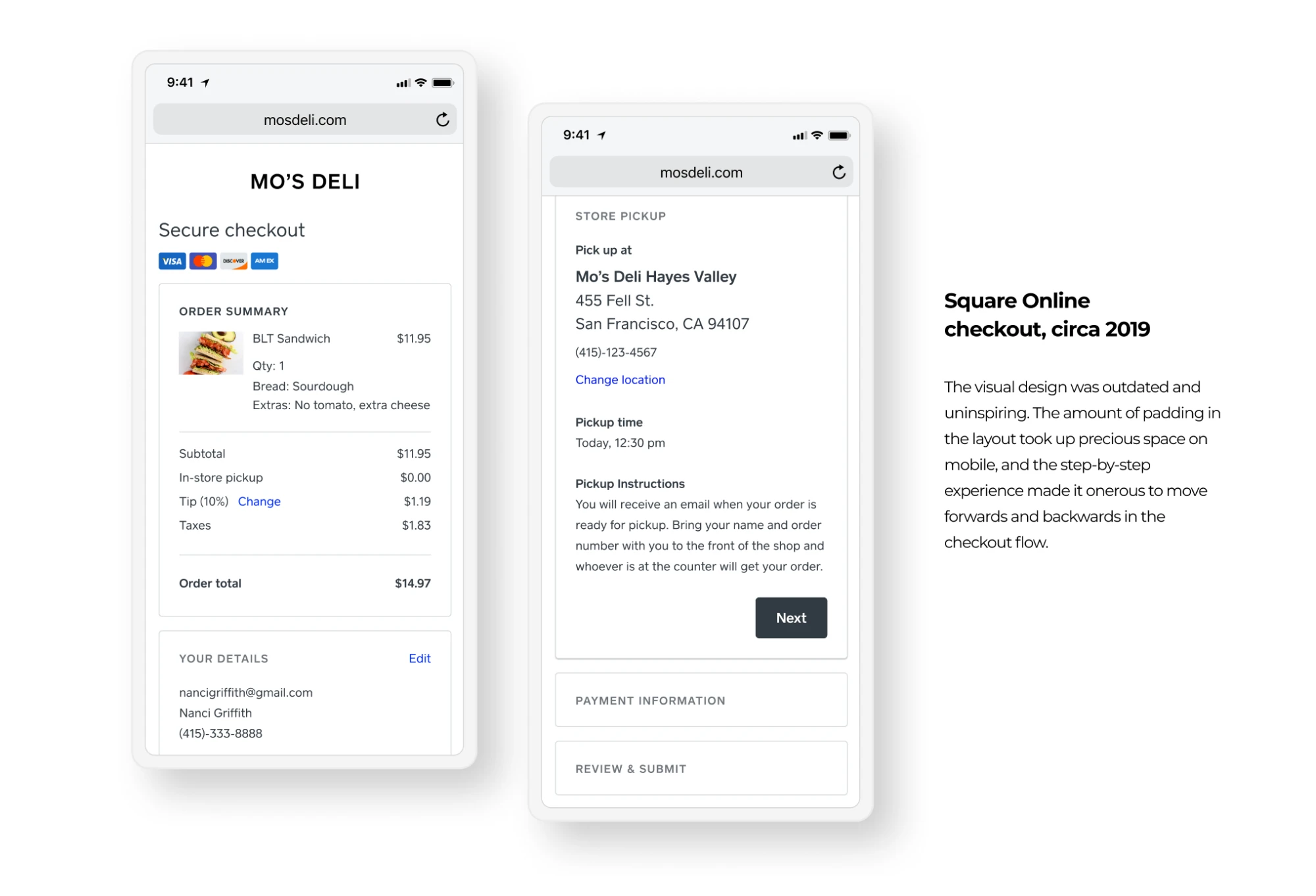 Square Online checkout circa 2019, showing dated visual design and an onerous step-by-step pickup flow