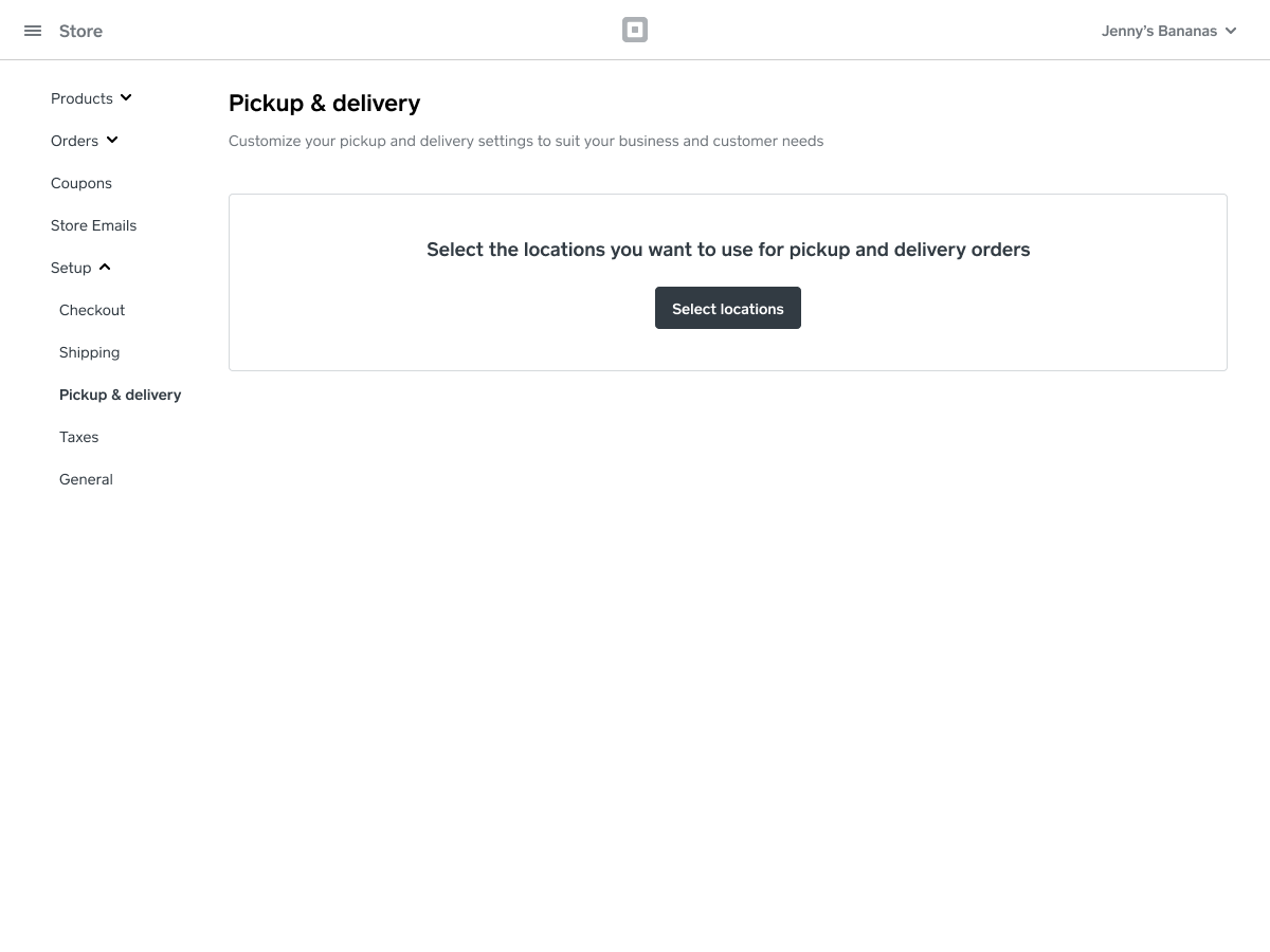 Pickup & delivery settings page with a Select locations call to action