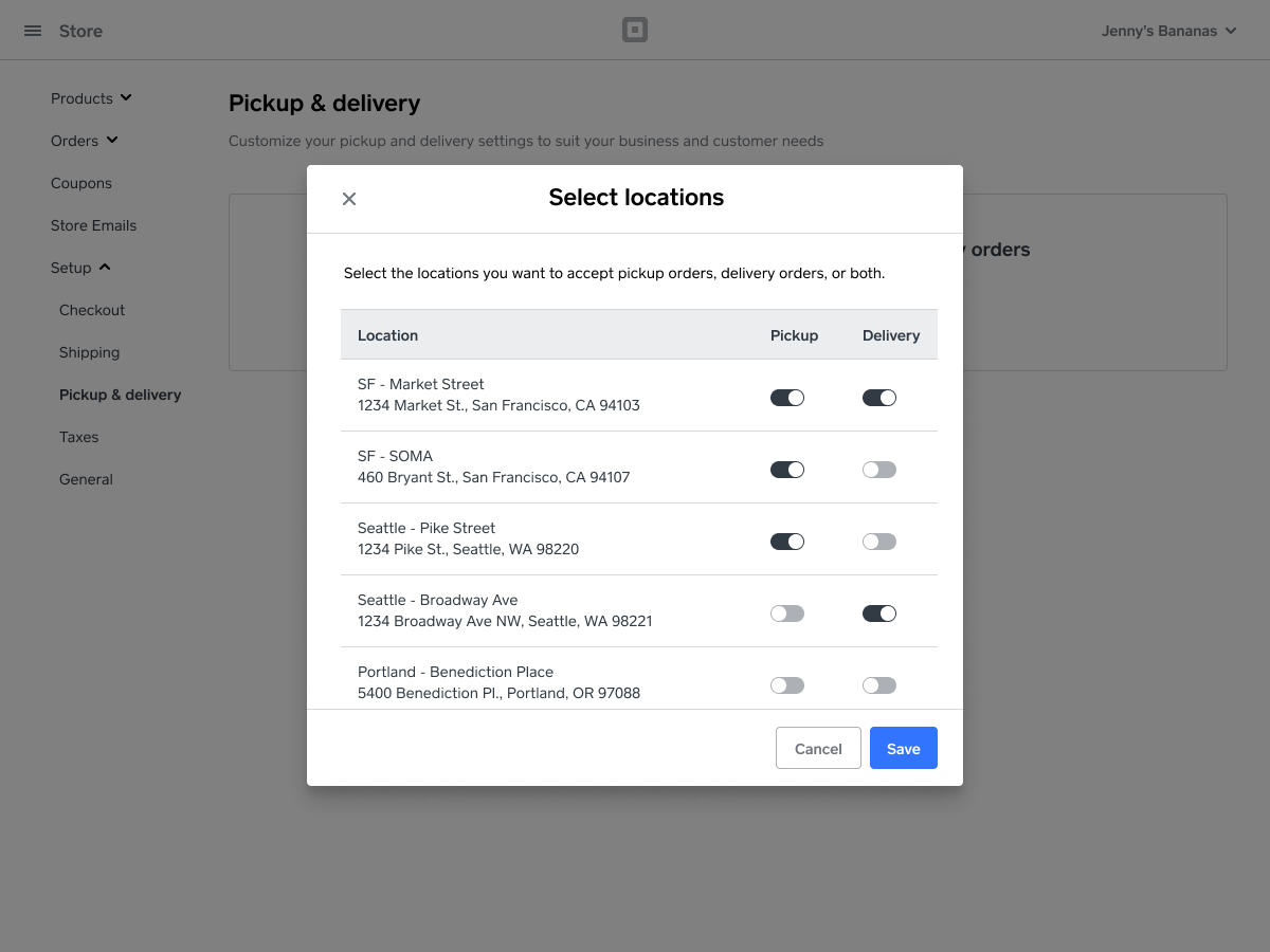 Select locations modal with pickup and delivery toggles per store location