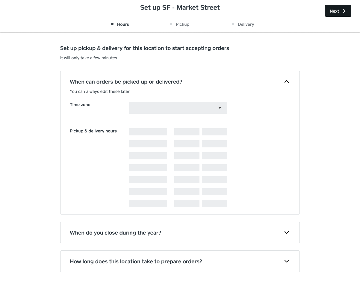 Location setup wizard step 1, setting time zone and pickup and delivery hours