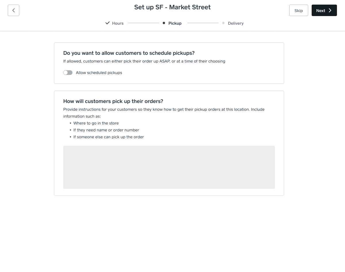 Location setup wizard step 2, configuring scheduled pickup options and customer instructions