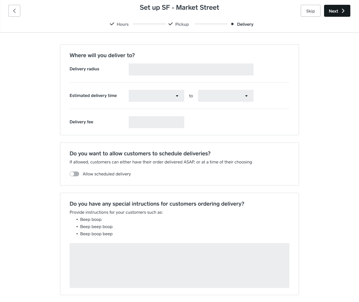 Location setup wizard step 3, configuring delivery radius, estimated time, fee, and instructions