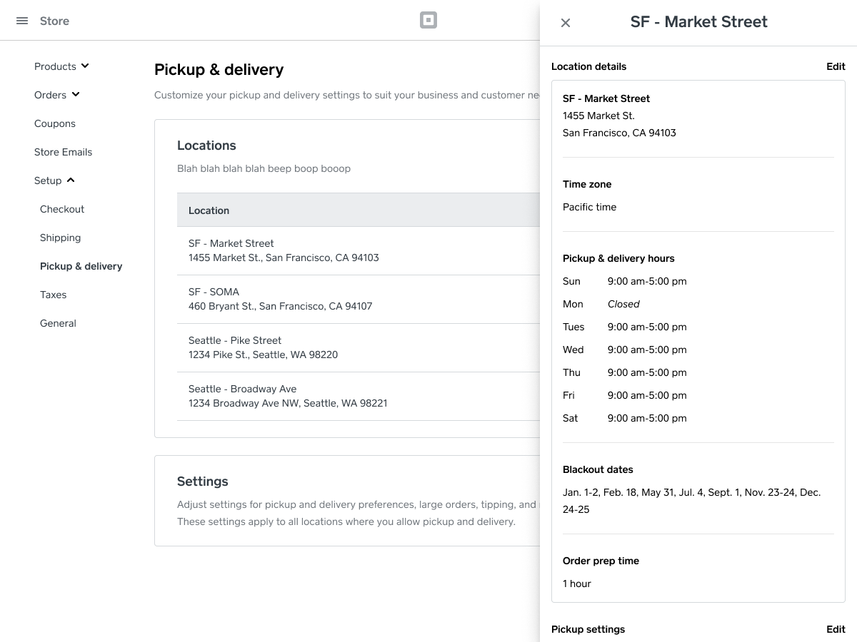 Redesigned Pickup & delivery page showing the location list and a detail panel with hours, blackout dates, and prep time