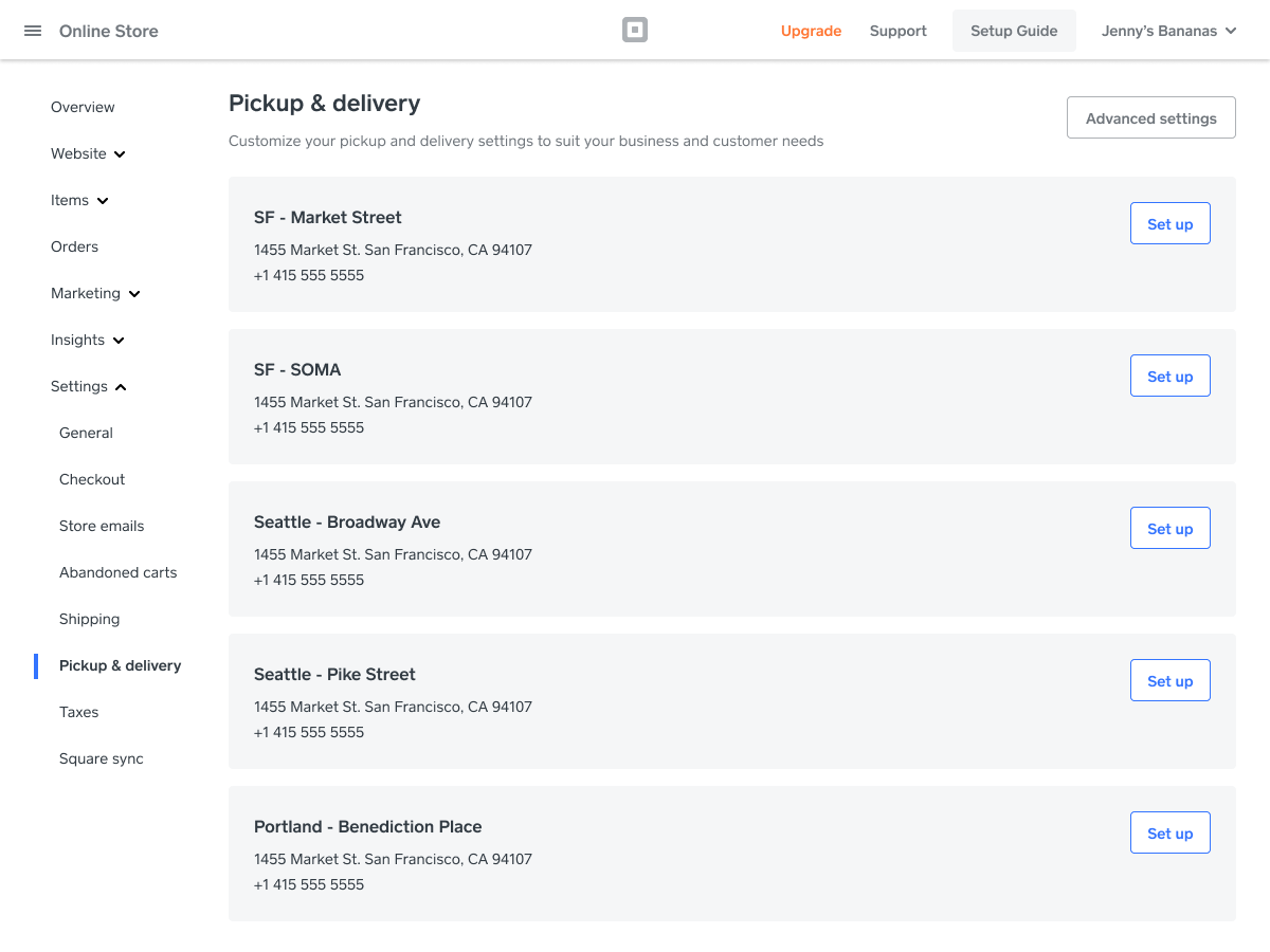 Pickup & delivery location list with Set up actions for each location