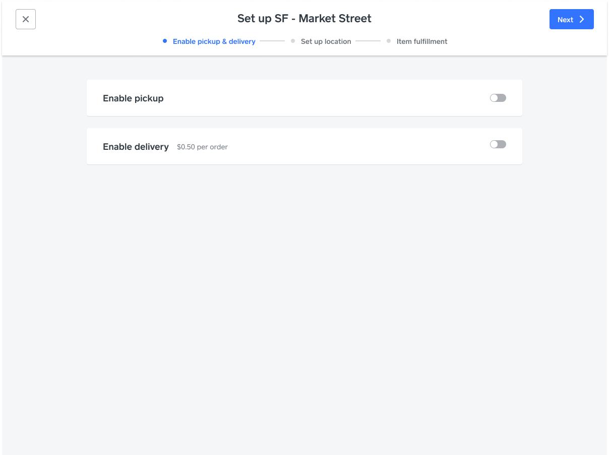 Set up wizard with Enable pickup and Enable delivery toggles both off