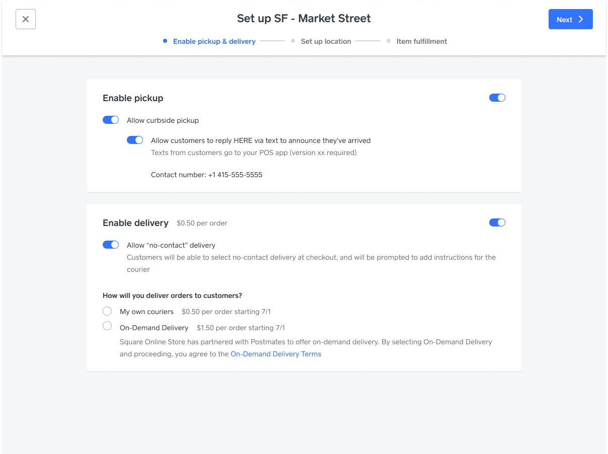 Set up wizard with pickup and delivery enabled, showing curbside pickup and courier delivery options