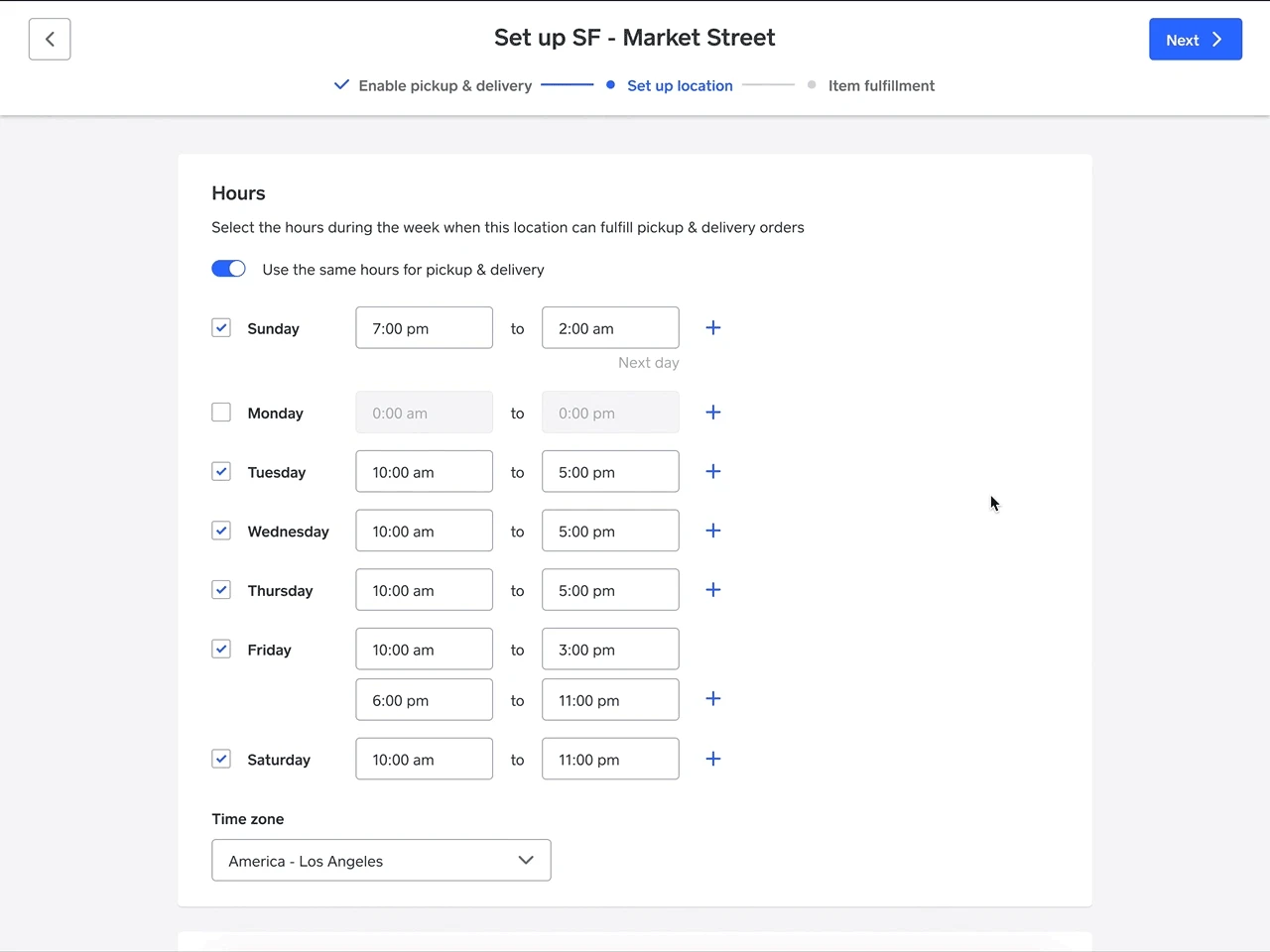 Hours step of the set up wizard, configuring pickup and delivery hours per day and time zone