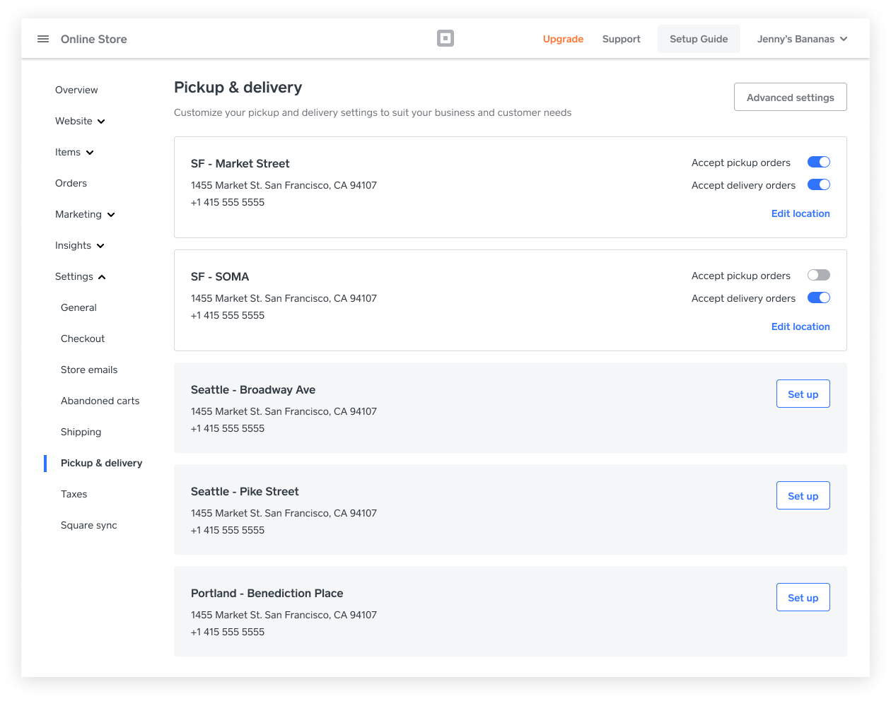 Pickup & delivery location list with Accept pickup and Accept delivery toggles live for set up locations