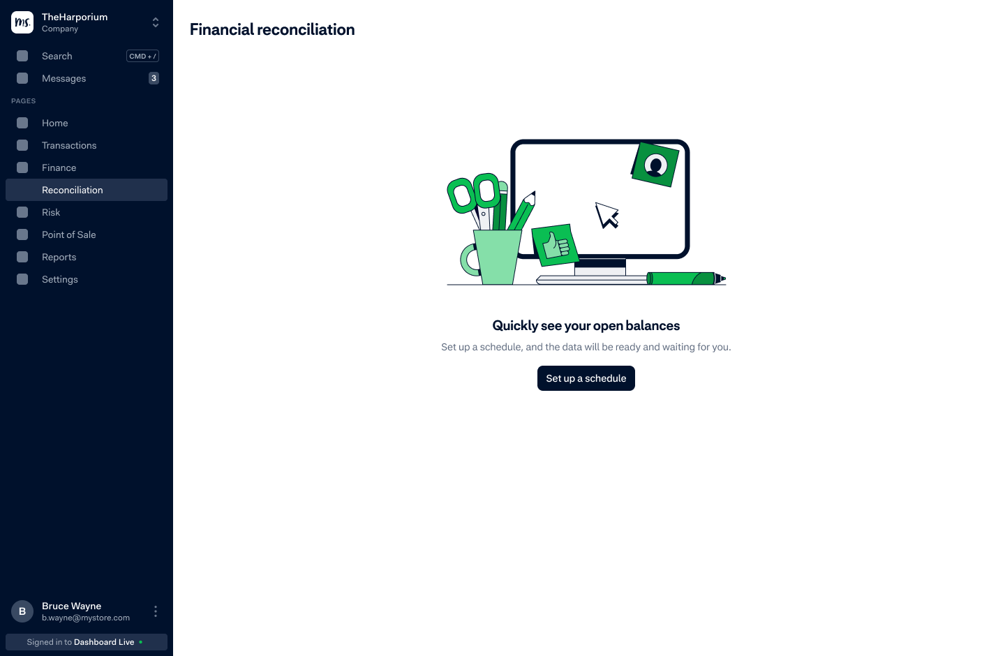 Financial reconciliation empty state prompting the merchant to set up a schedule