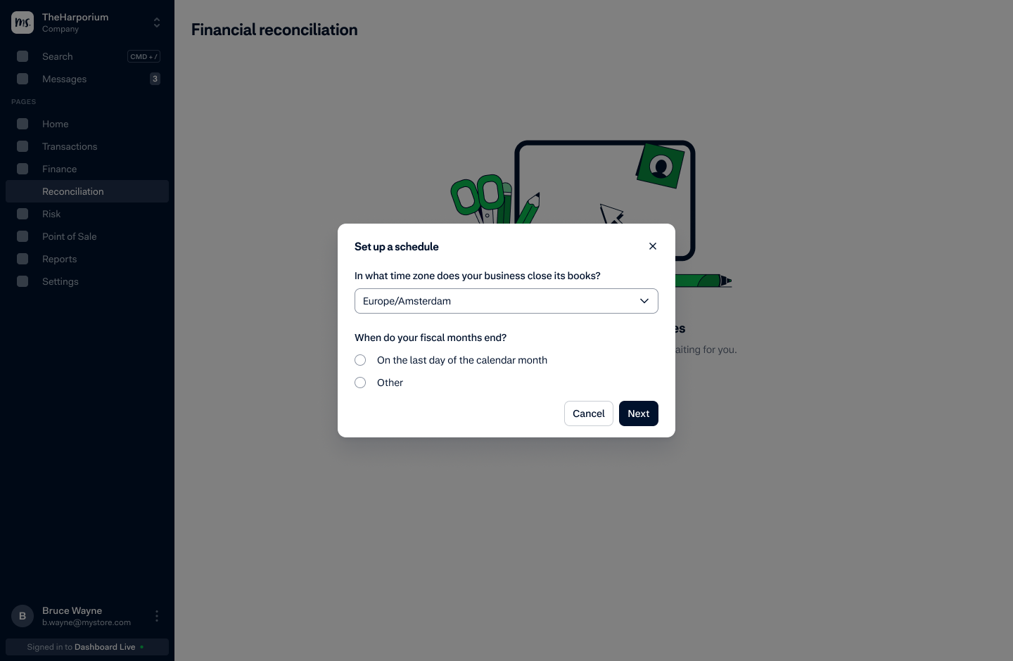 Set up a schedule modal, choosing a time zone and fiscal month end