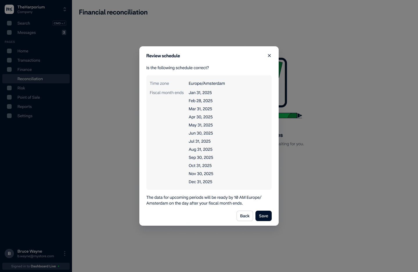 Review schedule modal confirming the time zone and a full year of fiscal month-end dates