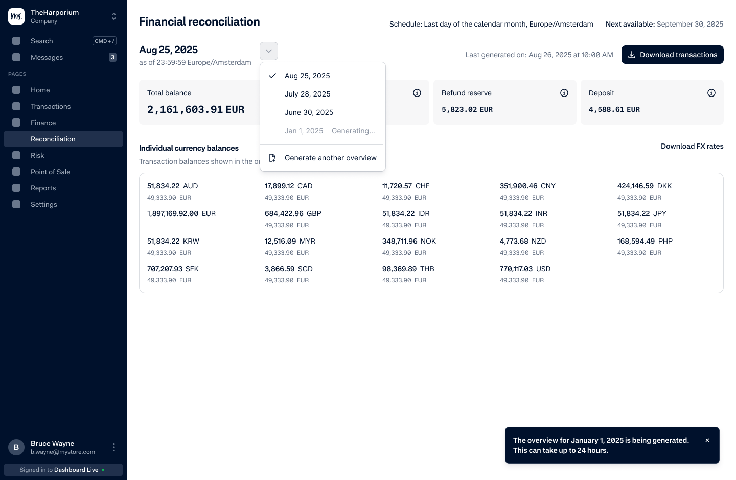 Financial reconciliation dashboard showing total balance, refund reserve, deposit, and individual currency balances