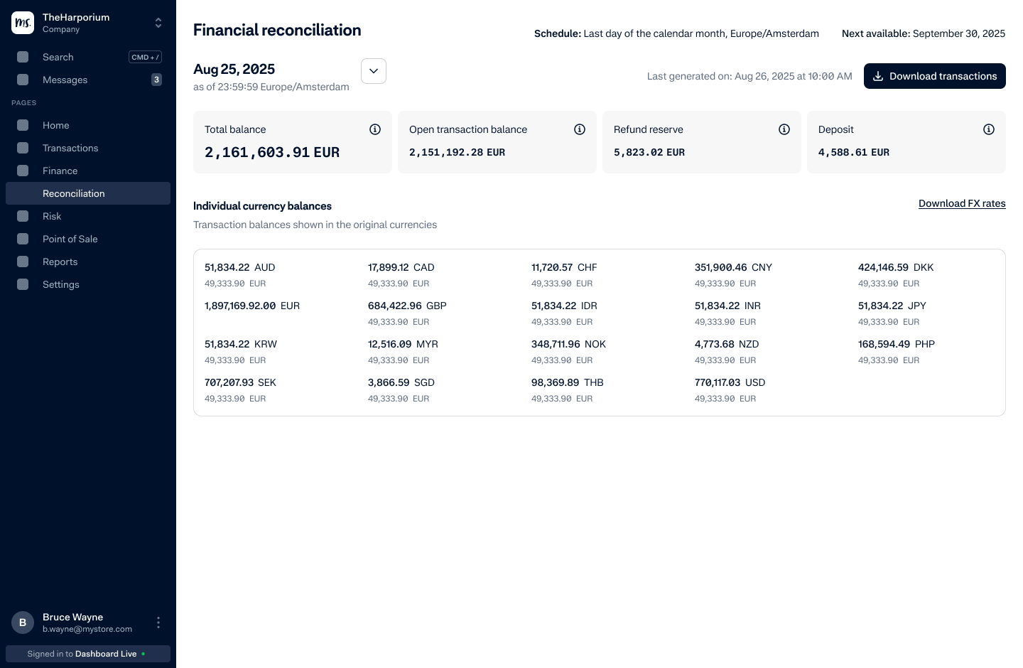 Milestone 1 dashboard showing total balance, refund reserve, deposit, and individual currency balances